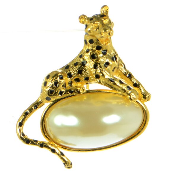Kenneth Jay Lane KJL Gold-tone Panther Pearl Pin Brooch - Picture 2 of 4